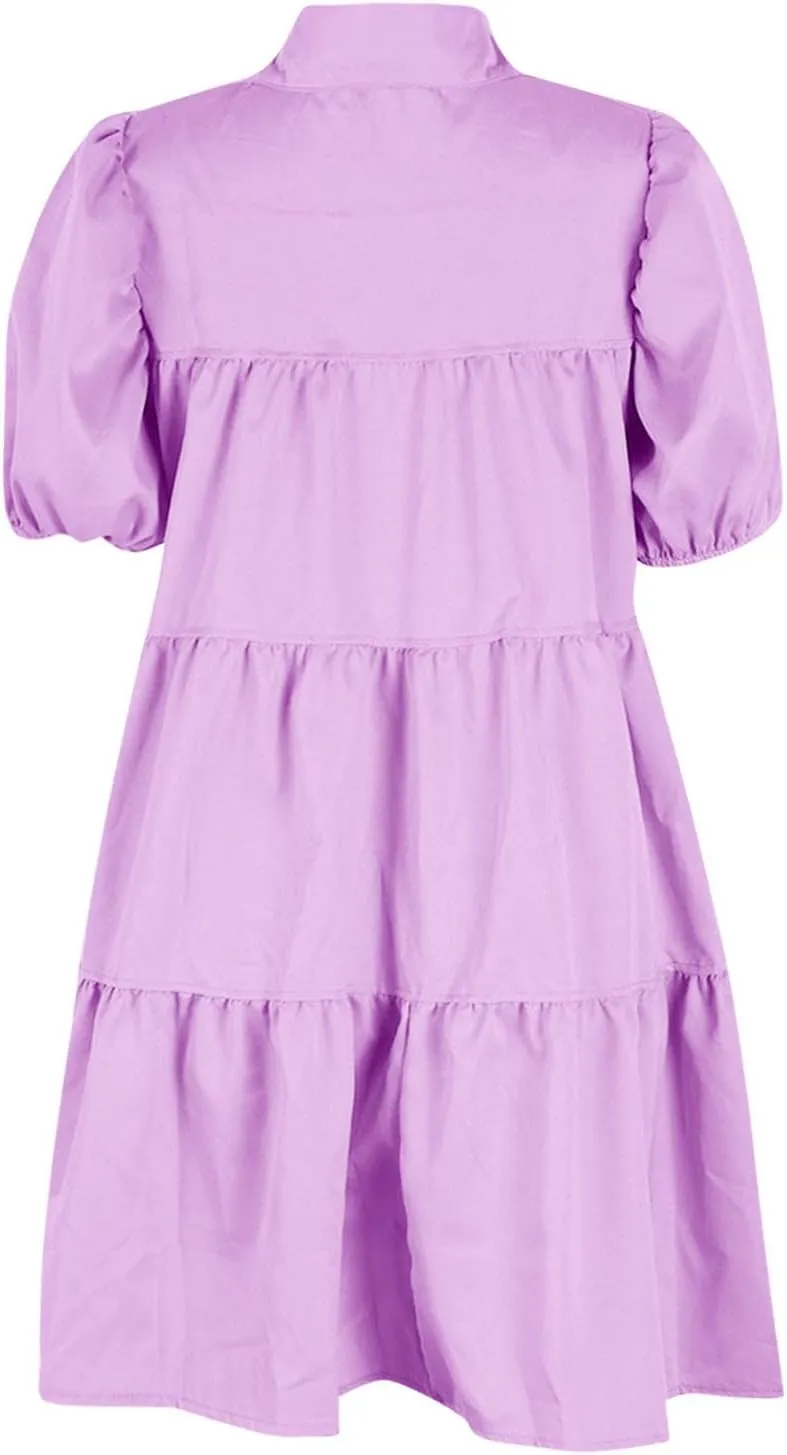 Akklian Womens Cute Babydoll Dresses Casual Loose Puff Sleeve Ruffle Button Down Pleated Shirt Dress Trendy Summer Mini Dress
