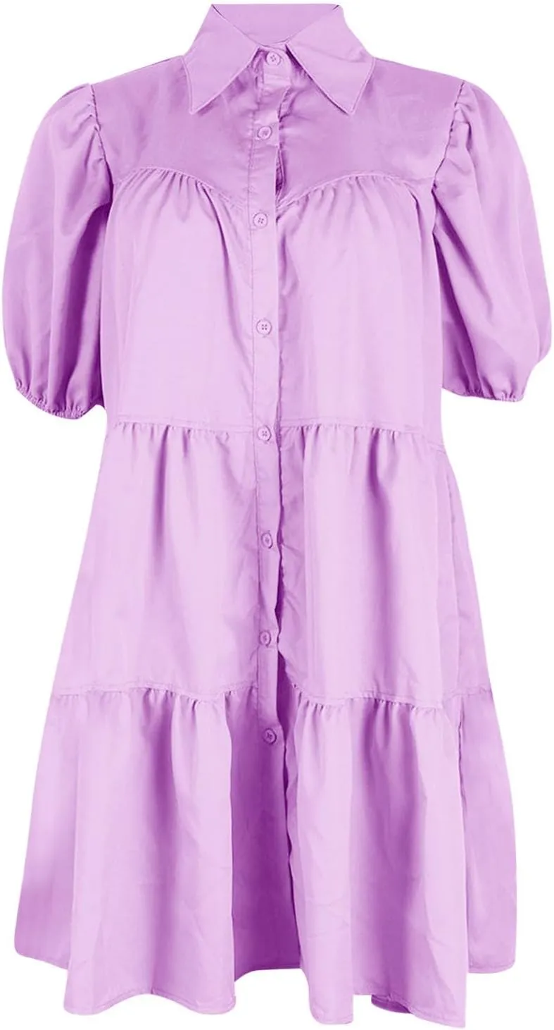 Akklian Womens Cute Babydoll Dresses Casual Loose Puff Sleeve Ruffle Button Down Pleated Shirt Dress Trendy Summer Mini Dress