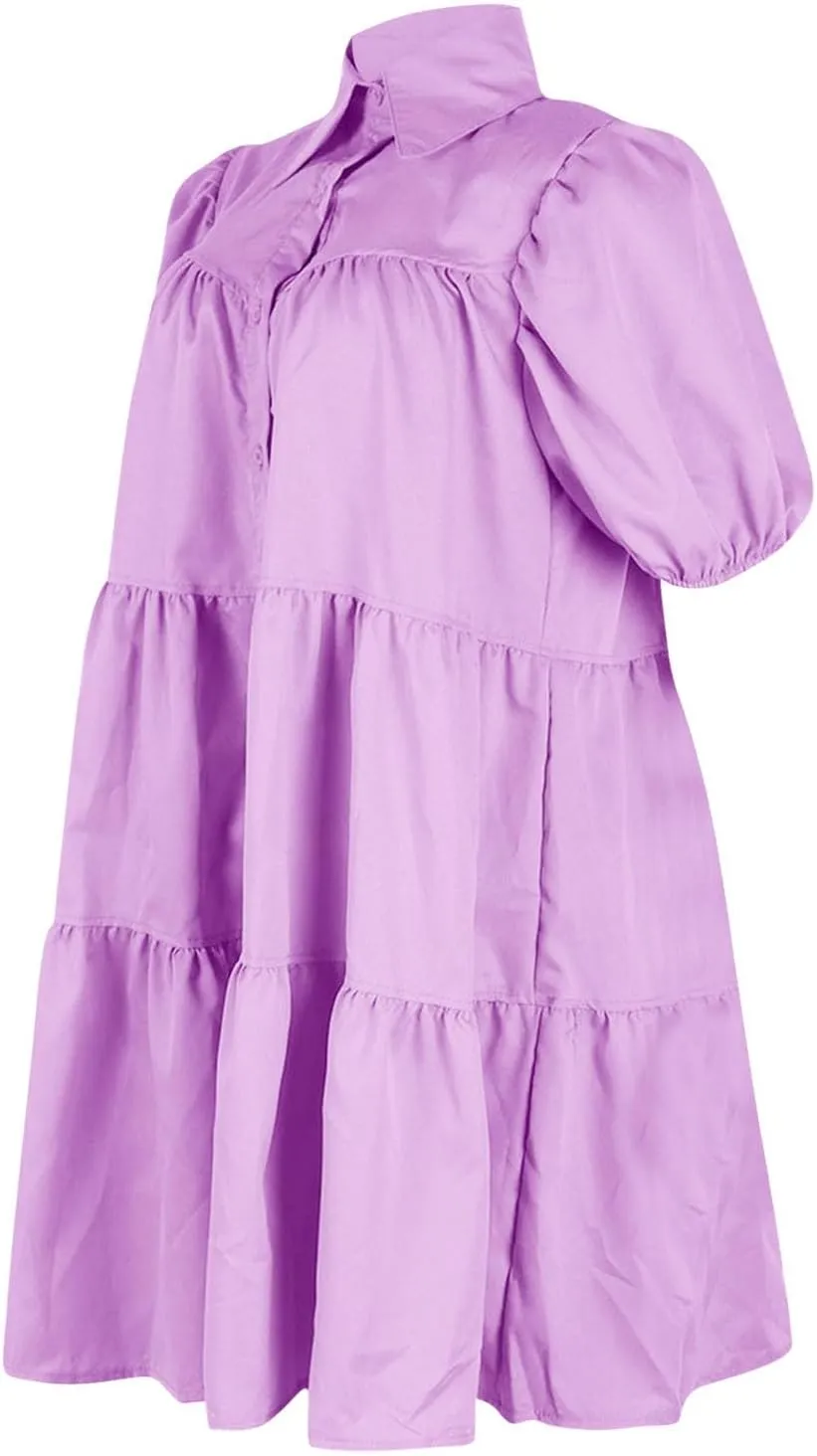 Akklian Womens Cute Babydoll Dresses Casual Loose Puff Sleeve Ruffle Button Down Pleated Shirt Dress Trendy Summer Mini Dress
