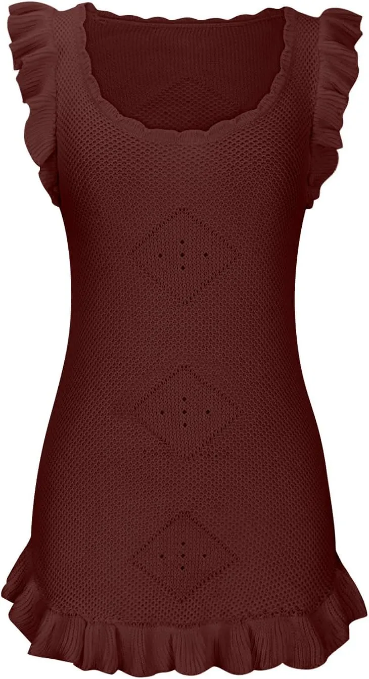 Akklian Womens Summer Mini Dresses Casual Scoop Neck Knitted Ruffle Hem Bodycon Tank Sundress Elegant Crochet Beach Dress