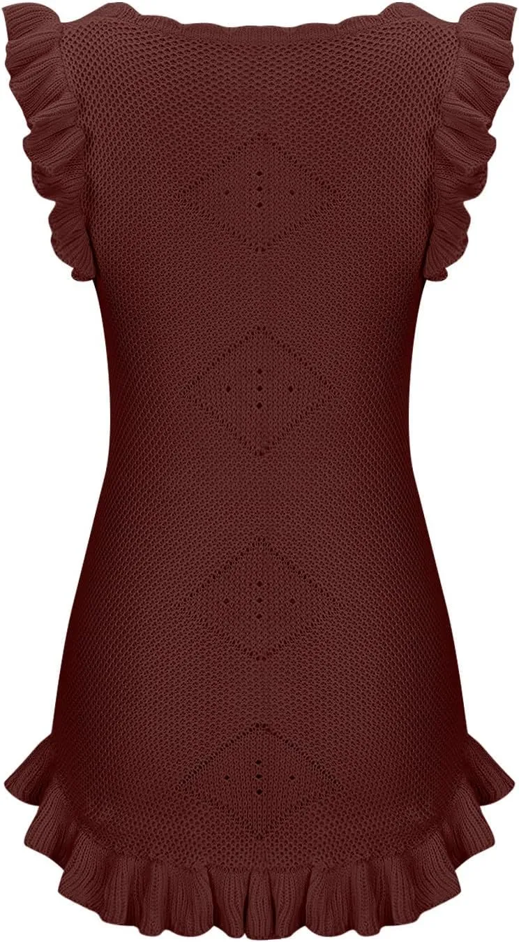 Akklian Womens Summer Mini Dresses Casual Scoop Neck Knitted Ruffle Hem Bodycon Tank Sundress Elegant Crochet Beach Dress