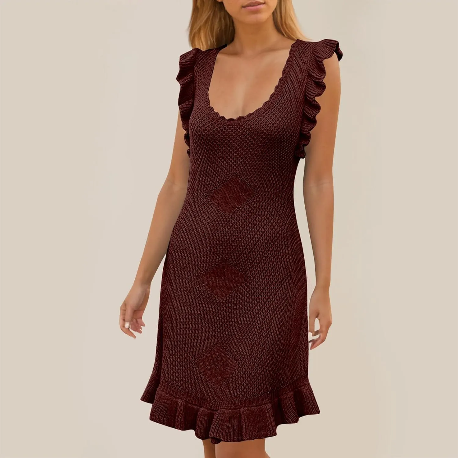 Akklian Womens Summer Mini Dresses Casual Scoop Neck Knitted Ruffle Hem Bodycon Tank Sundress Elegant Crochet Beach Dress