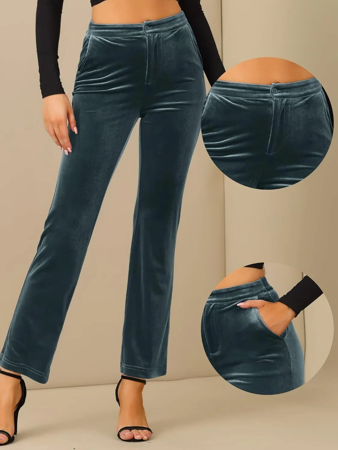 Allegra K Velvet Elegant High Waist Trousers for Women's Pockets Work Ankle Pants