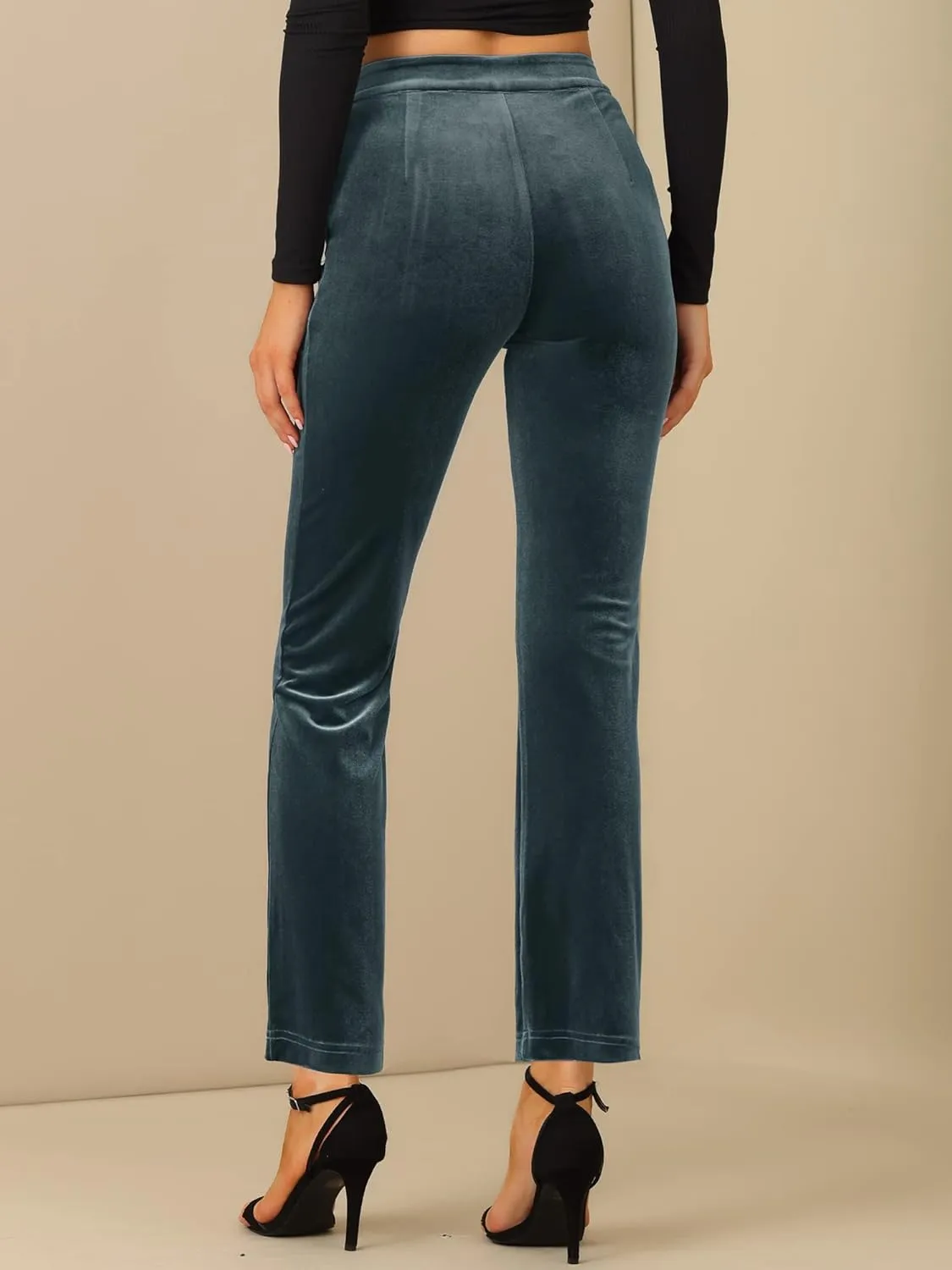 Allegra K Velvet Elegant High Waist Trousers for Women's Pockets Work Ankle Pants