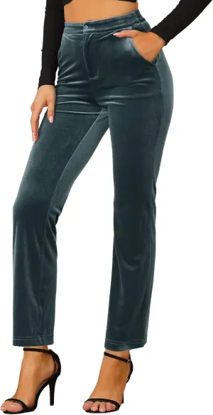 Allegra K Velvet Elegant High Waist Trousers for Women's Pockets Work Ankle Pants