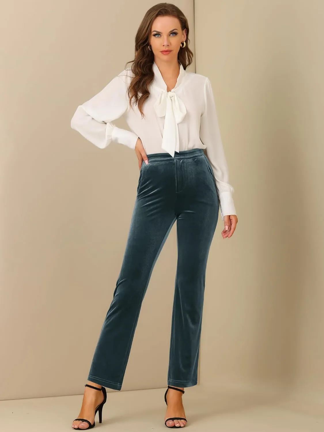 Allegra K Velvet Elegant High Waist Trousers for Women's Pockets Work Ankle Pants
