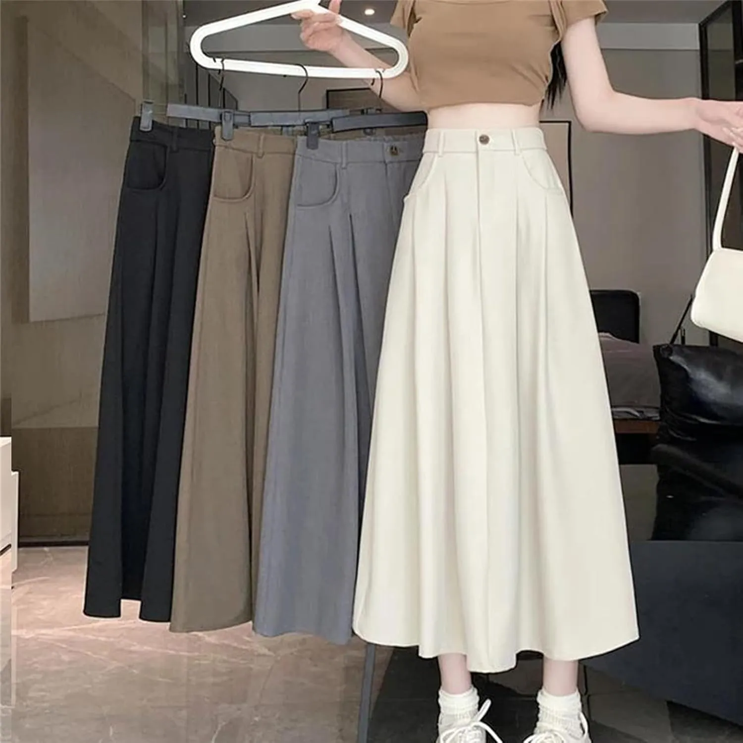 Alloaone Women Elegant High Waist Pleated Fashion Flared Casual A Line Midi Skirt