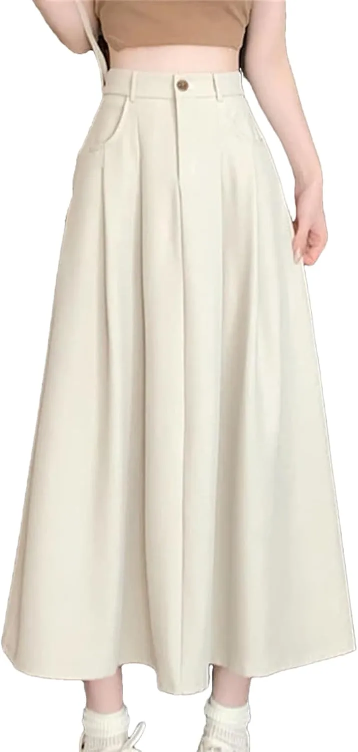 Alloaone Women Elegant High Waist Pleated Fashion Flared Casual A Line Midi Skirt