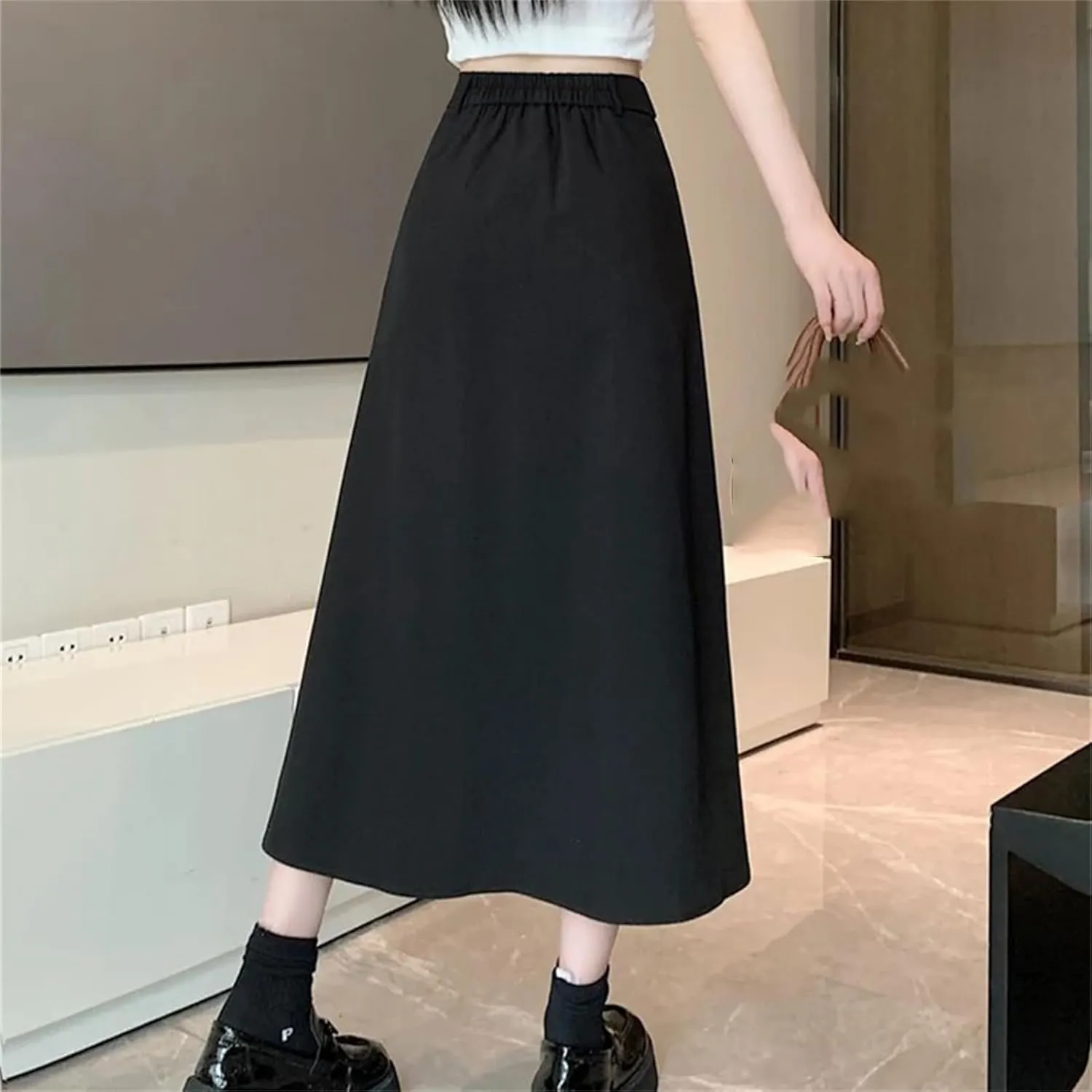 Alloaone Women Elegant High Waist Pleated Fashion Flared Casual A Line Midi Skirt