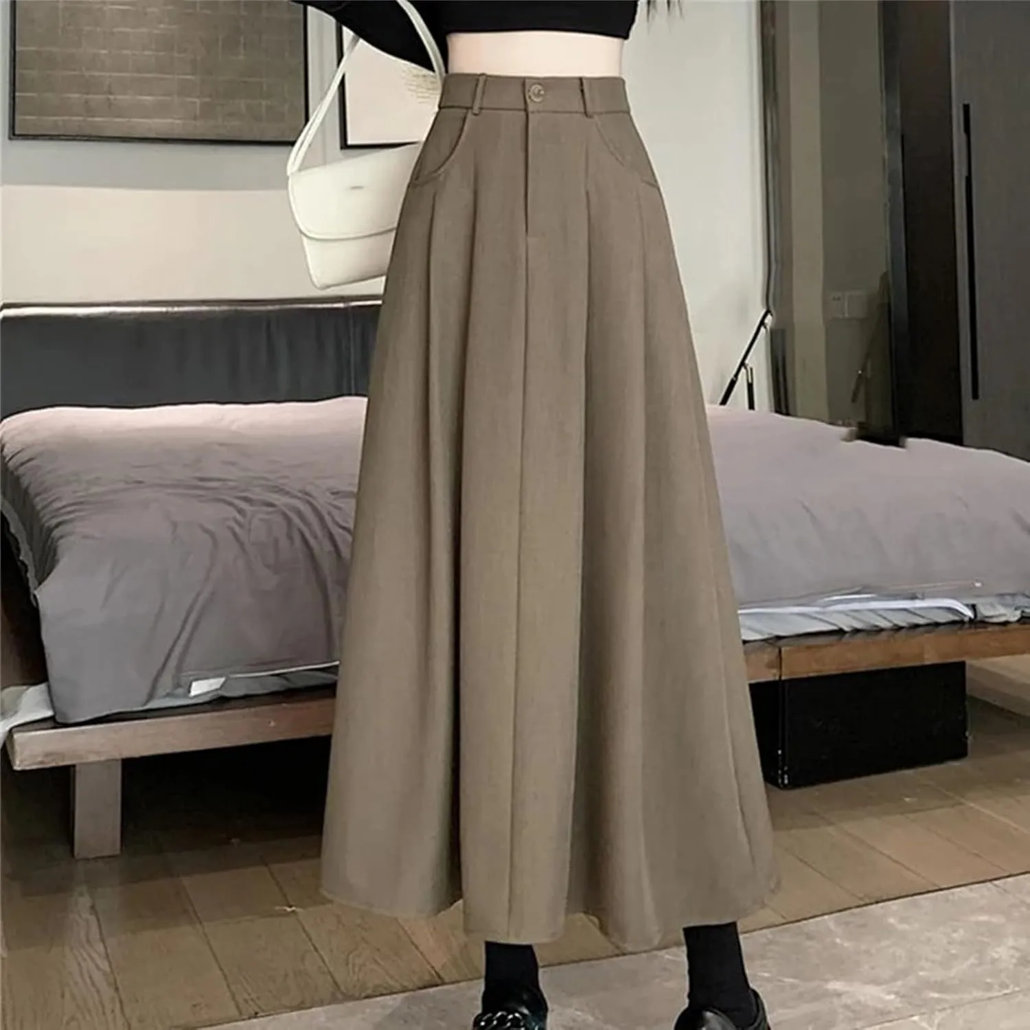 Alloaone Women Elegant High Waist Pleated Fashion Flared Casual A Line Midi Skirt
