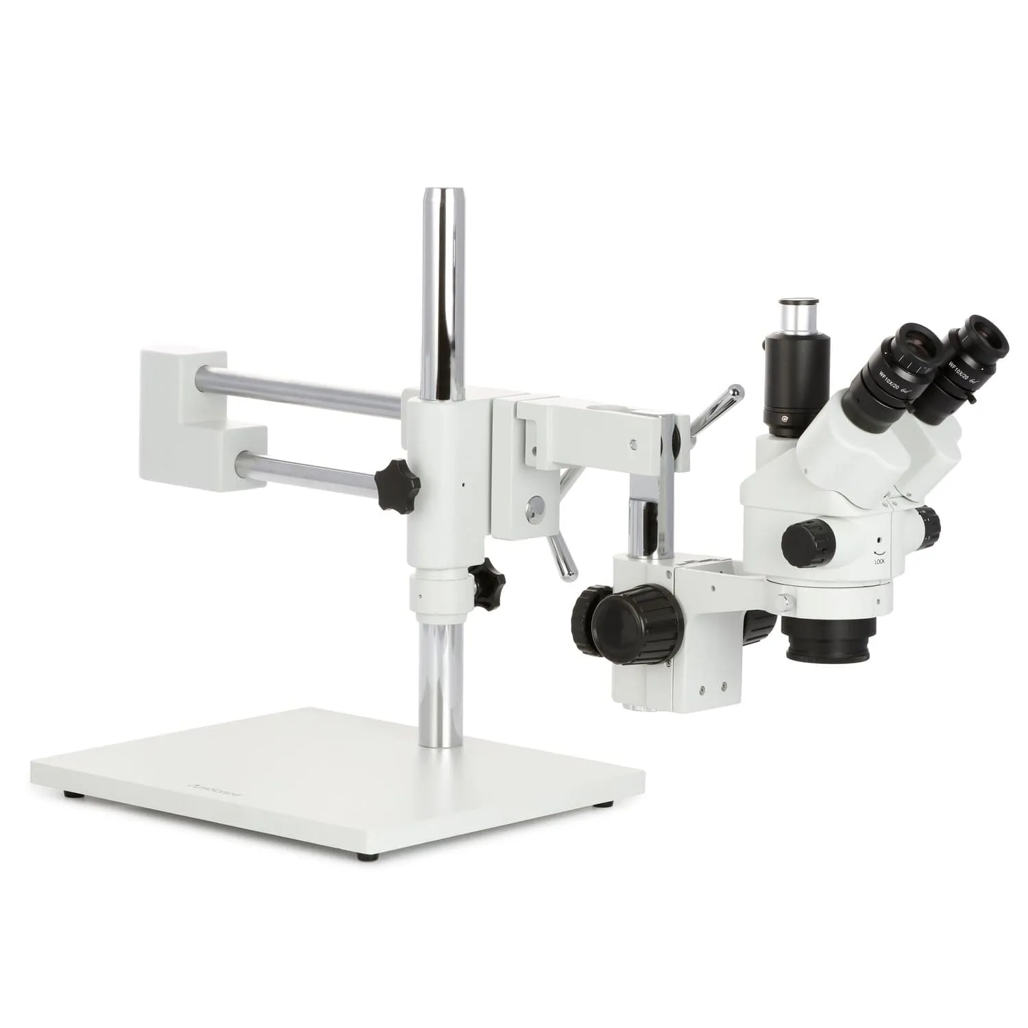 AmScope SM-4 Series Simul-Focal Lockable Zoom Trinocular Stereo Microscope 3.5X-45X Magnification with 8W Fluorescent Ring Light on Double Arm Boom Stand