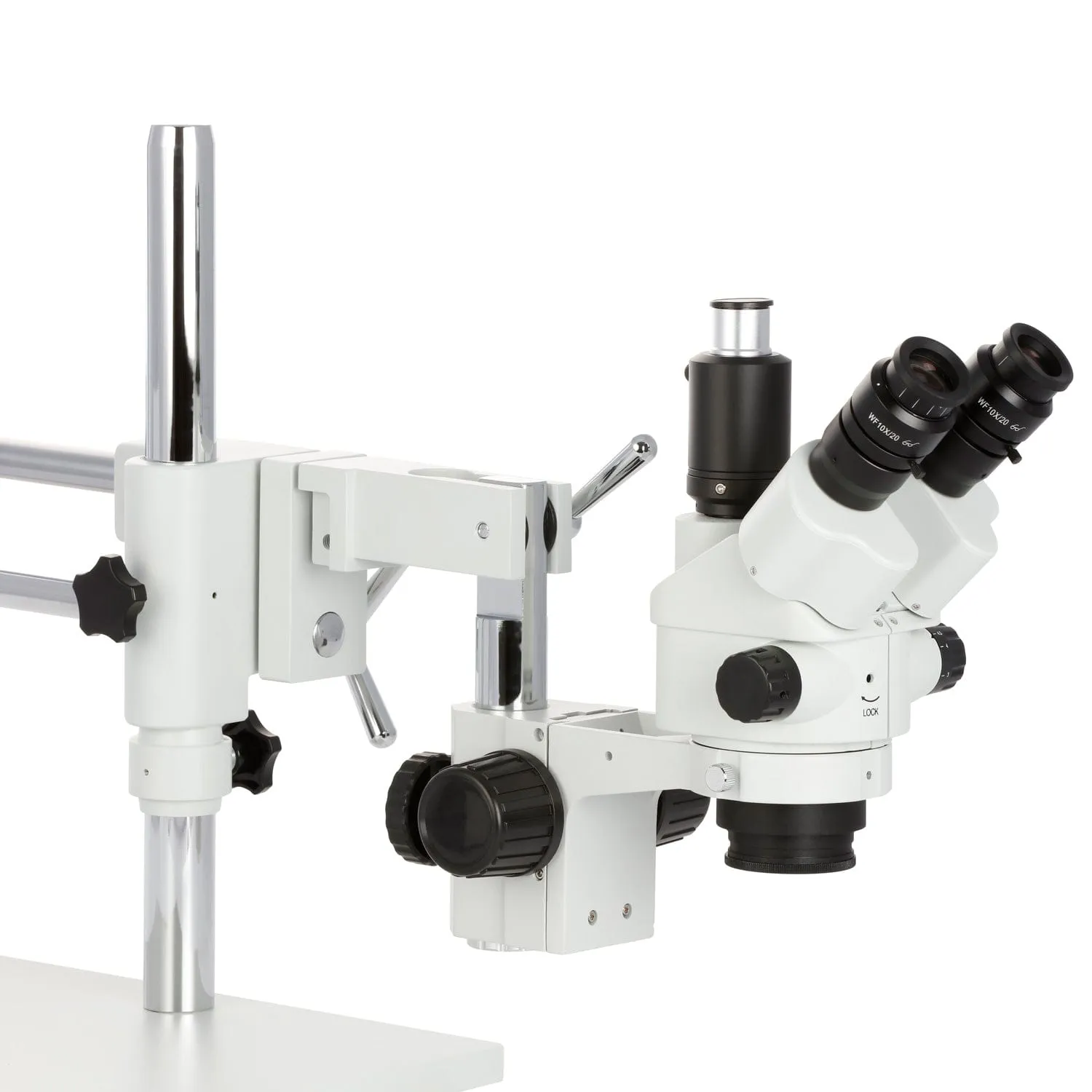 AmScope SM-4 Series Simul-Focal Lockable Zoom Trinocular Stereo Microscope 3.5X-45X Magnification with 8W Fluorescent Ring Light on Double Arm Boom Stand