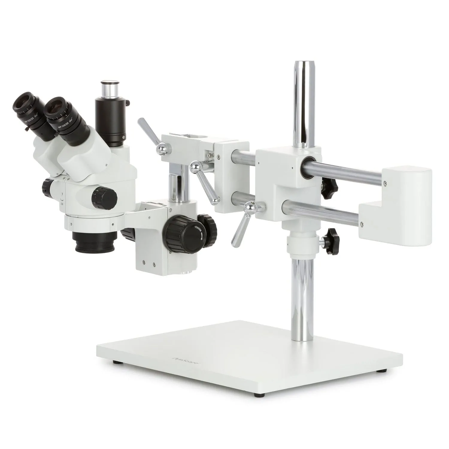 AmScope SM-4 Series Simul-Focal Lockable Zoom Trinocular Stereo Microscope 3.5X-45X Magnification with 8W Fluorescent Ring Light on Double Arm Boom Stand