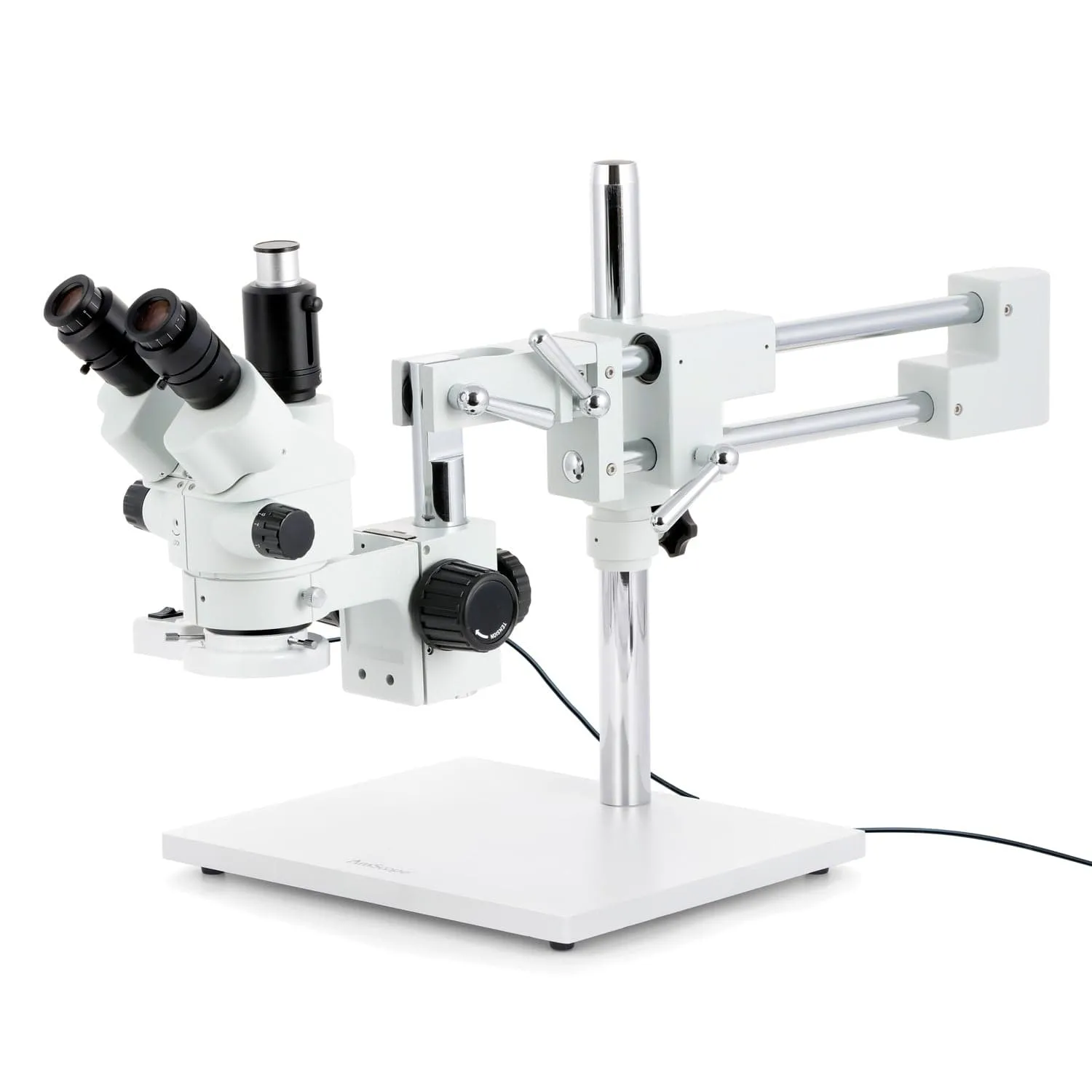 AmScope SM-4 Series Simul-Focal Lockable Zoom Trinocular Stereo Microscope 3.5X-45X Magnification with 8W Fluorescent Ring Light on Double Arm Boom Stand
