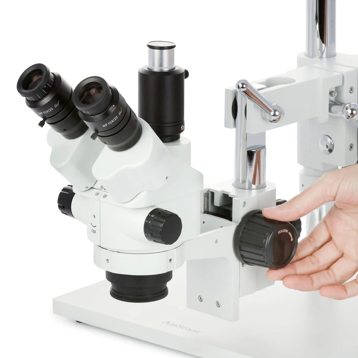 AmScope SM-4 Series Simul-Focal Lockable Zoom Trinocular Stereo Microscope 3.5X-45X Magnification with 8W Fluorescent Ring Light on Double Arm Boom Stand