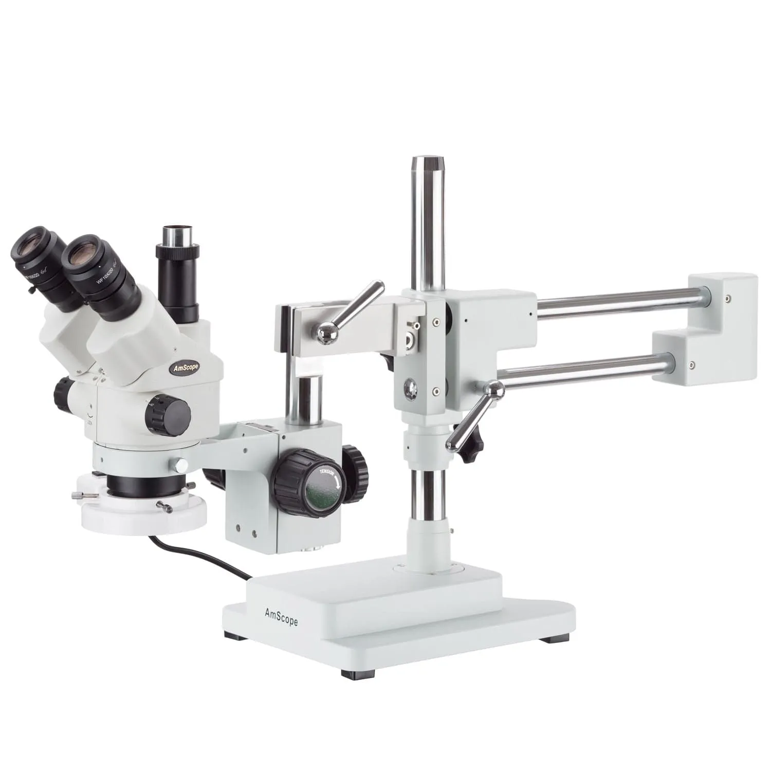 AmScope SM-4 Series Simul-Focal Lockable Zoom Trinocular Stereo Microscope 3.5X-45X Magnification with 8W Fluorescent Ring Light on Double Arm Boom Stand