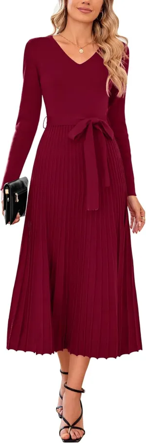 Arach&Cloz 2024 Fall Wool Blended Womens Long Sleeve V Neck Tie Waist Pleated A Line Ribbed Knit Pullover Midi Sweater Dress