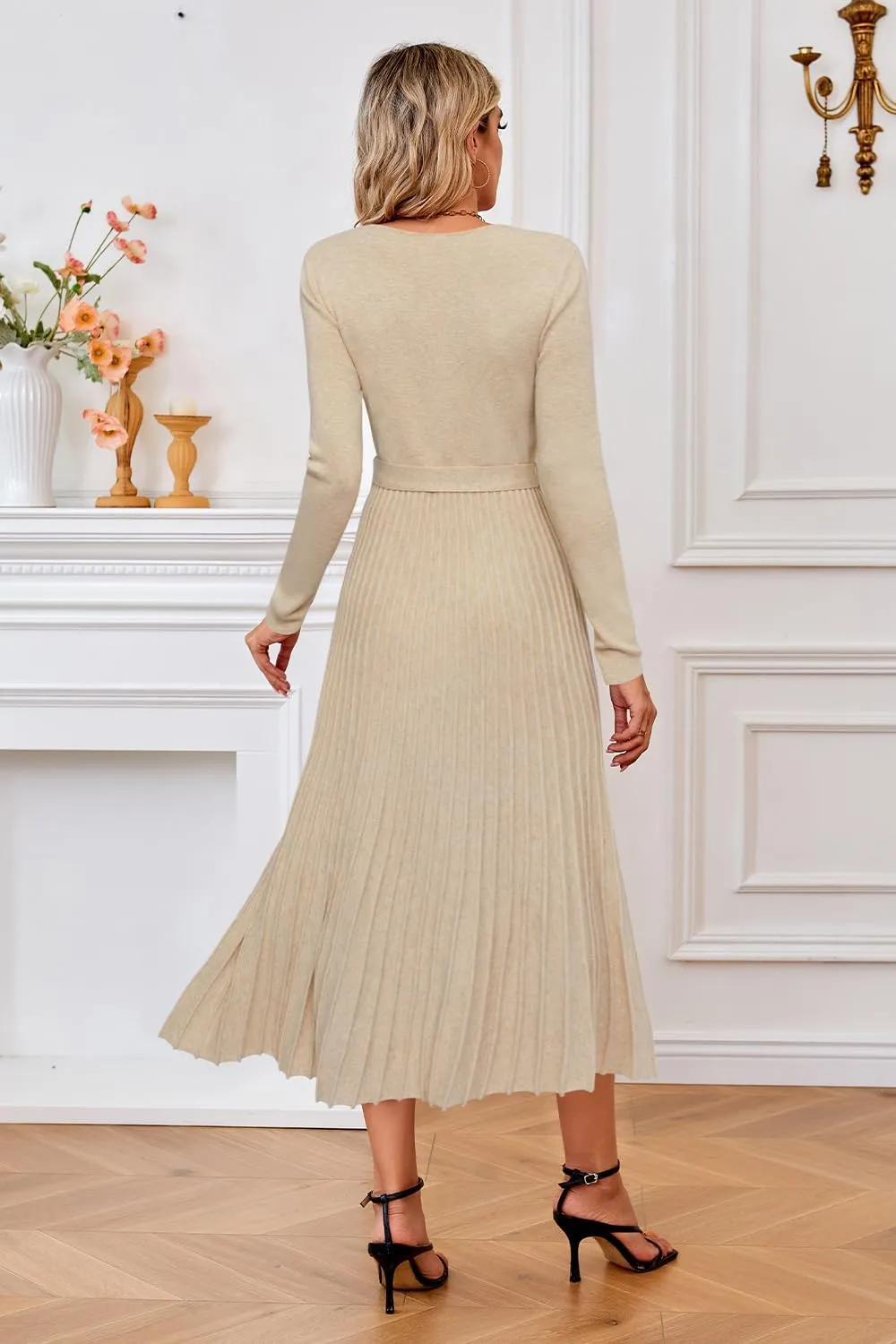 Arach&Cloz 2024 Fall Wool Blended Womens Long Sleeve V Neck Tie Waist Pleated A Line Ribbed Knit Pullover Midi Sweater Dress