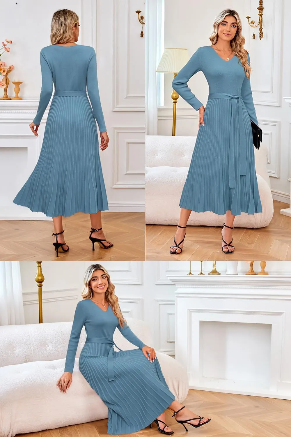 Arach&Cloz 2024 Fall Wool Blended Womens Long Sleeve V Neck Tie Waist Pleated A Line Ribbed Knit Pullover Midi Sweater Dress