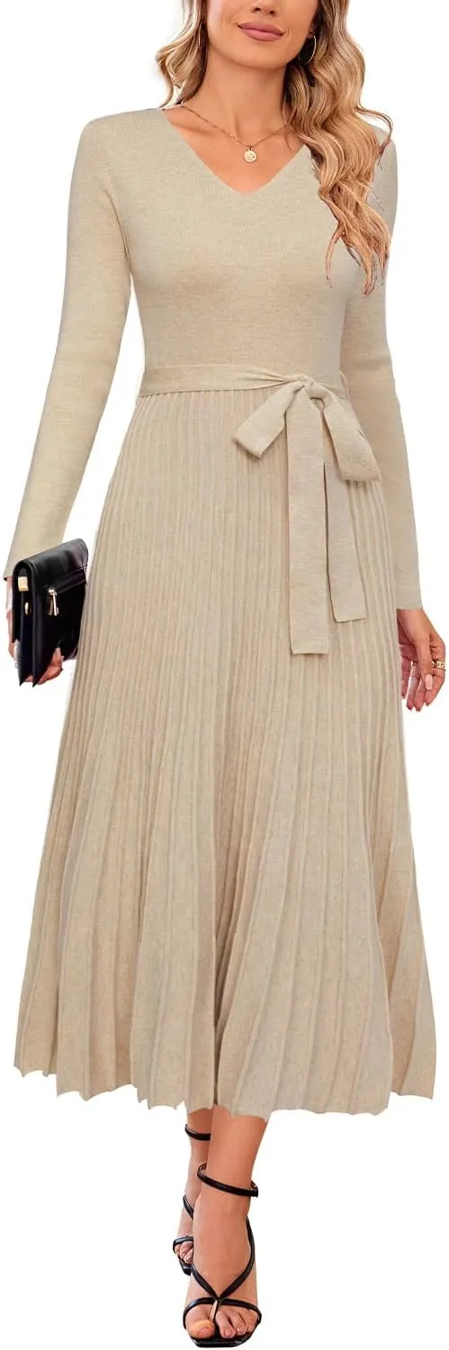 Arach&Cloz 2024 Fall Wool Blended Womens Long Sleeve V Neck Tie Waist Pleated A Line Ribbed Knit Pullover Midi Sweater Dress
