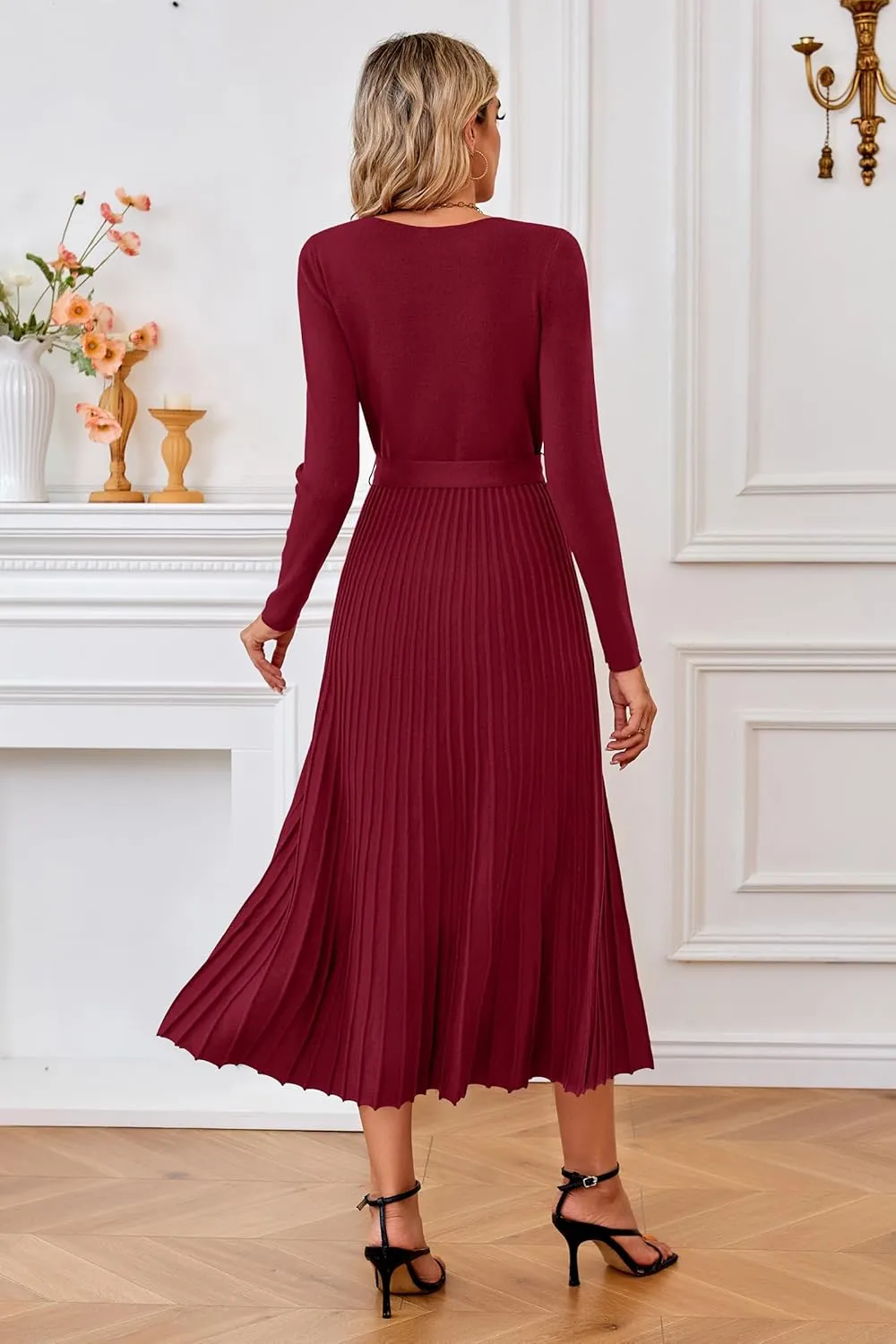 Arach&Cloz 2024 Fall Wool Blended Womens Long Sleeve V Neck Tie Waist Pleated A Line Ribbed Knit Pullover Midi Sweater Dress