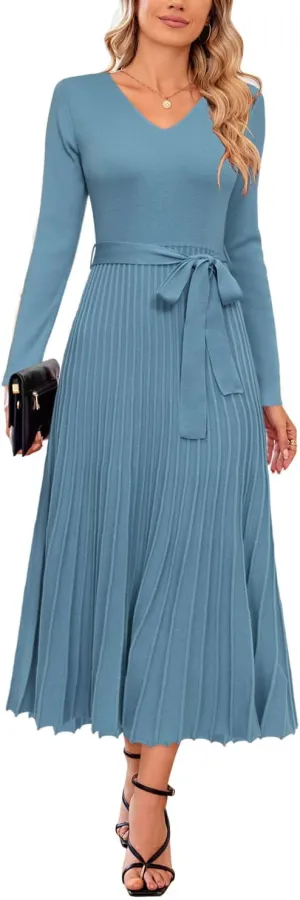 Arach&Cloz 2024 Fall Wool Blended Womens Long Sleeve V Neck Tie Waist Pleated A Line Ribbed Knit Pullover Midi Sweater Dress