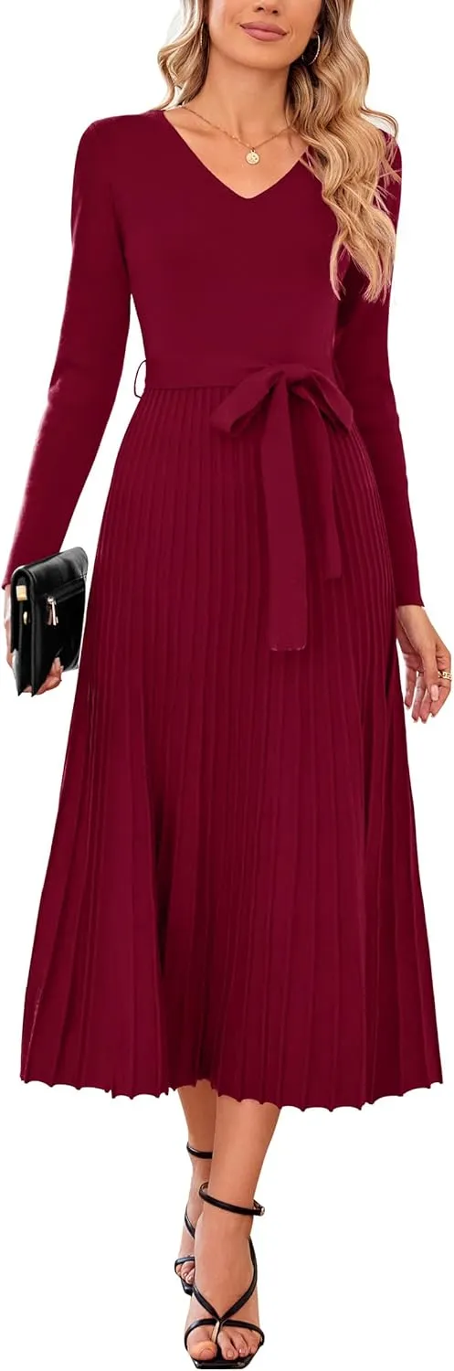 Arach&Cloz 2024 Fall Wool Blended Womens Long Sleeve V Neck Tie Waist Pleated A Line Ribbed Knit Pullover Midi Sweater Dress