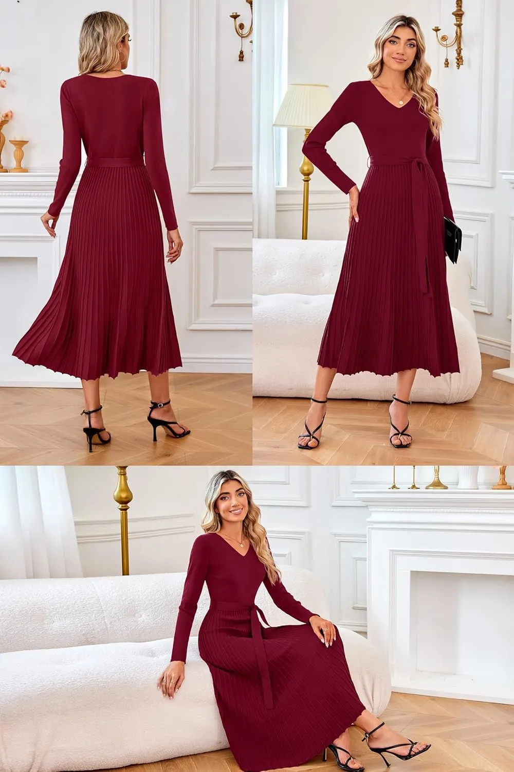 Arach&Cloz 2024 Fall Wool Blended Womens Long Sleeve V Neck Tie Waist Pleated A Line Ribbed Knit Pullover Midi Sweater Dress