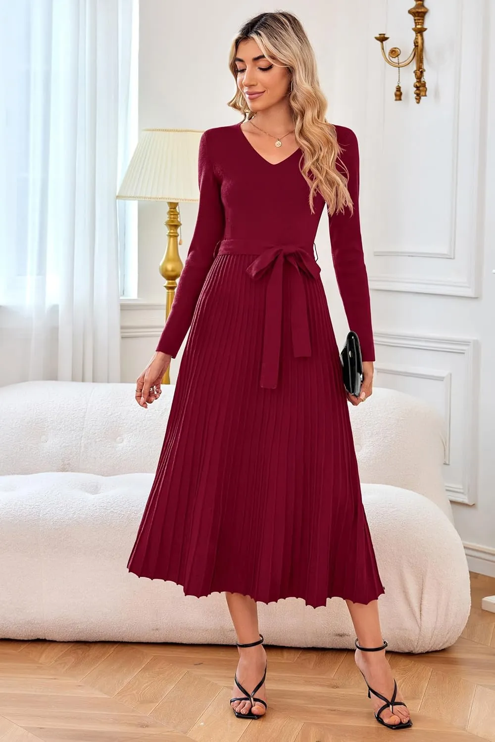 Arach&Cloz 2024 Fall Wool Blended Womens Long Sleeve V Neck Tie Waist Pleated A Line Ribbed Knit Pullover Midi Sweater Dress