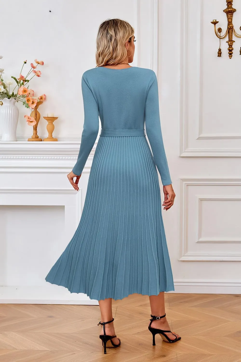 Arach&Cloz 2024 Fall Wool Blended Womens Long Sleeve V Neck Tie Waist Pleated A Line Ribbed Knit Pullover Midi Sweater Dress