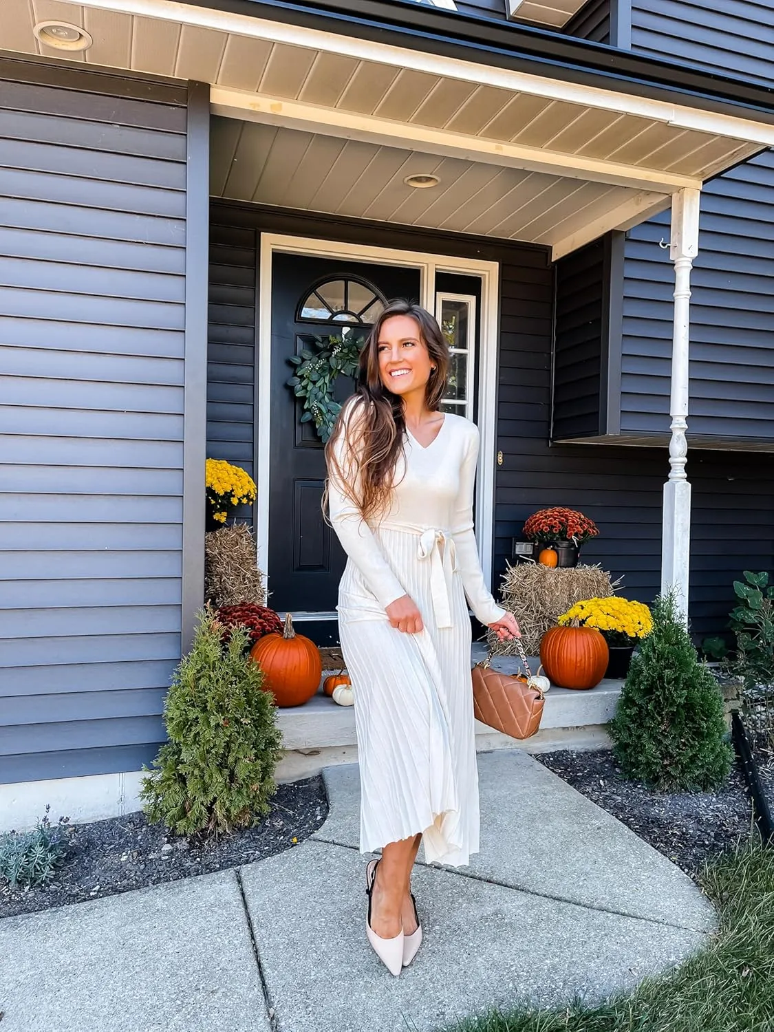 Arach&Cloz 2024 Fall Wool Blended Womens Long Sleeve V Neck Tie Waist Pleated A Line Ribbed Knit Pullover Midi Sweater Dress