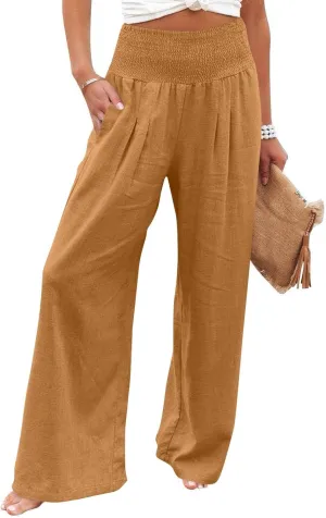 Baggy Linen Pants Women Summer High Waisted Wide Leg Palazzo Pants Smocked Pant Lounge Work Trousers with Pockets