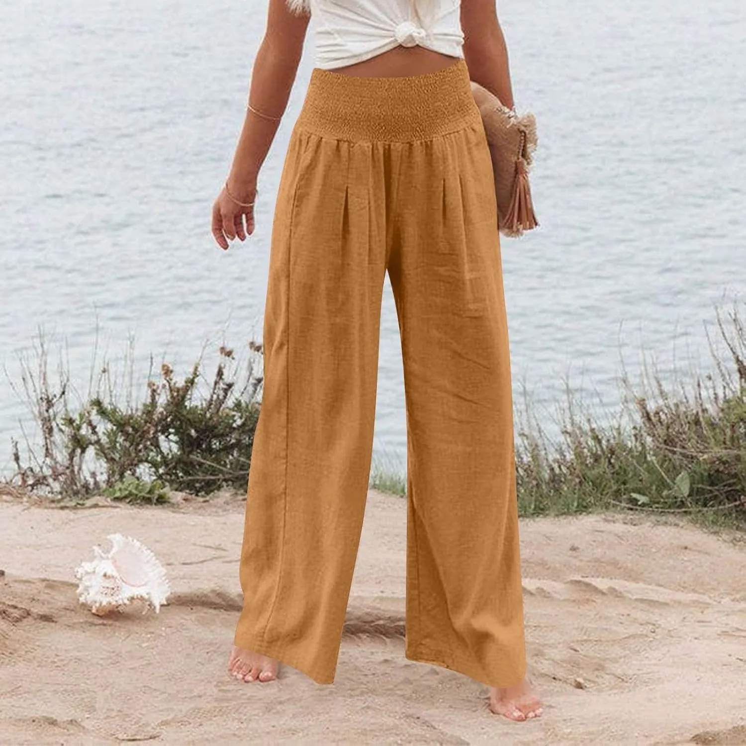 Baggy Linen Pants Women Summer High Waisted Wide Leg Palazzo Pants Smocked Pant Lounge Work Trousers with Pockets