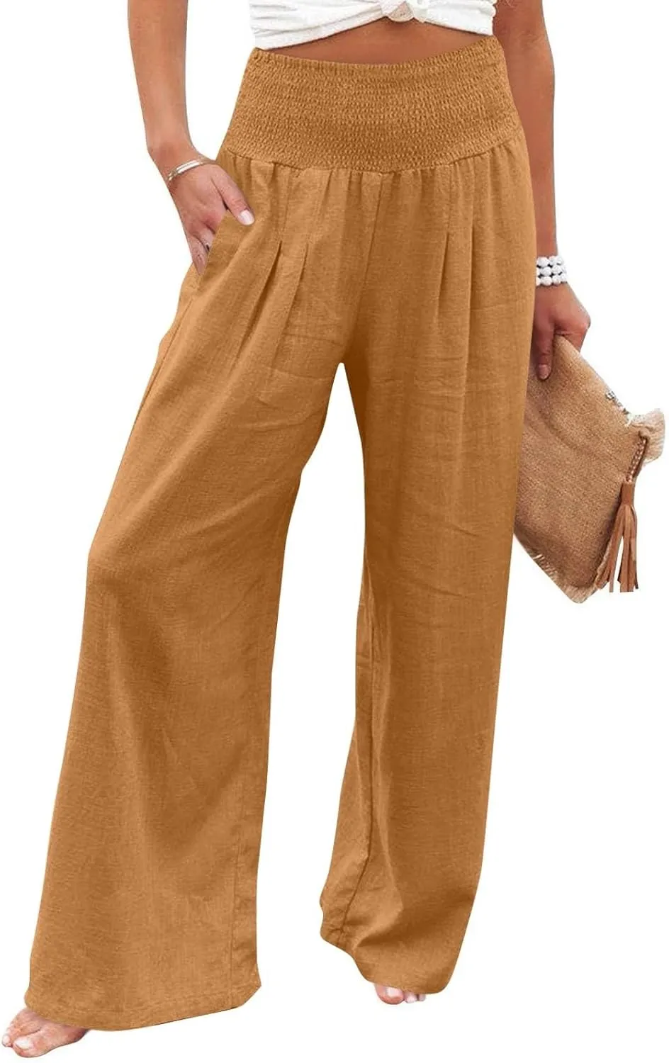 Baggy Linen Pants Women Summer High Waisted Wide Leg Palazzo Pants Smocked Pant Lounge Work Trousers with Pockets