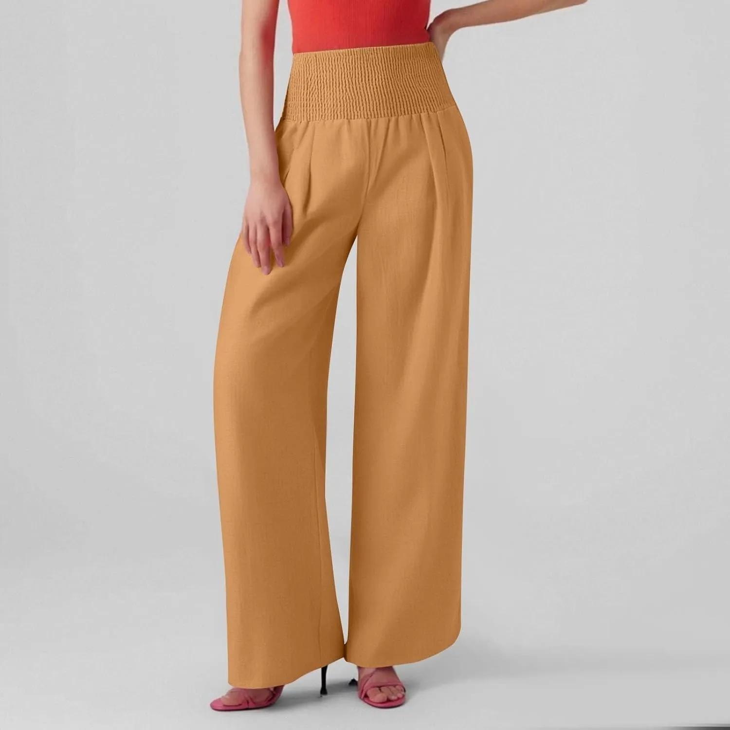 Baggy Linen Pants Women Summer High Waisted Wide Leg Palazzo Pants Smocked Pant Lounge Work Trousers with Pockets