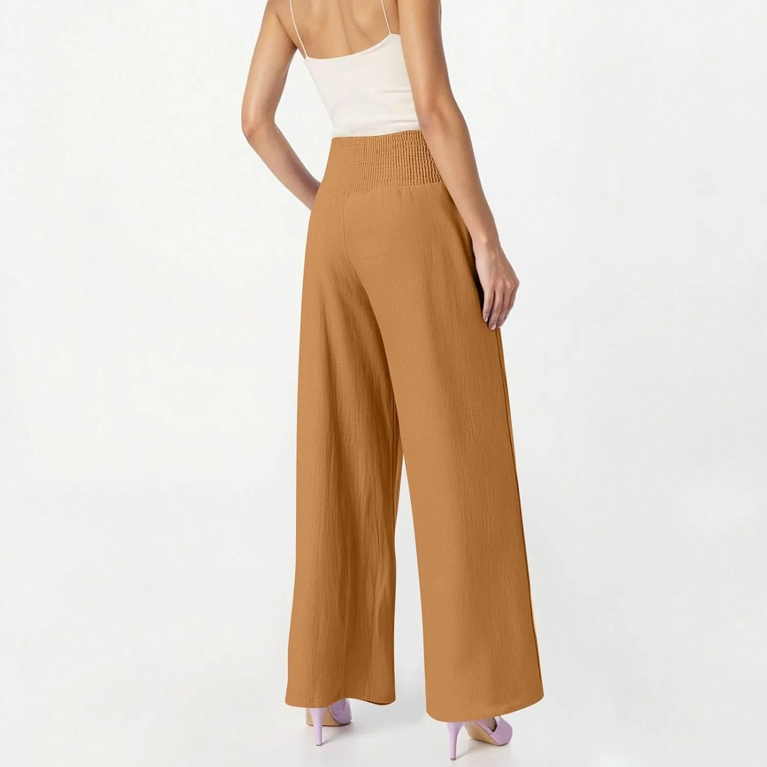 Baggy Linen Pants Women Summer High Waisted Wide Leg Palazzo Pants Smocked Pant Lounge Work Trousers with Pockets