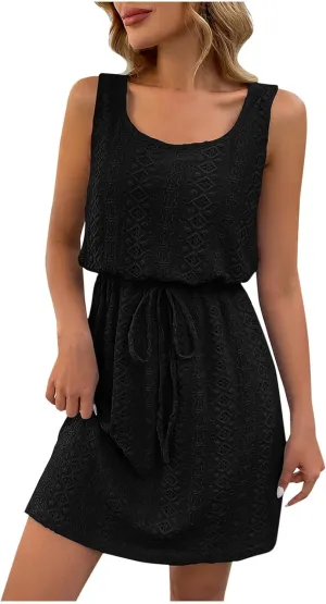 Beach Dresses for Women 2025 Vacation Waisted Drawstring Solid Mini Dress Hollow Out Sleeveless Summer Sundresses