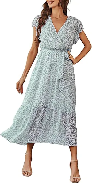 Beach Dresses for Women,2025 Spring Summer Trendy Floral Boho Dress,Elegant V Neck Flowy Ruched Vacation Maxidress