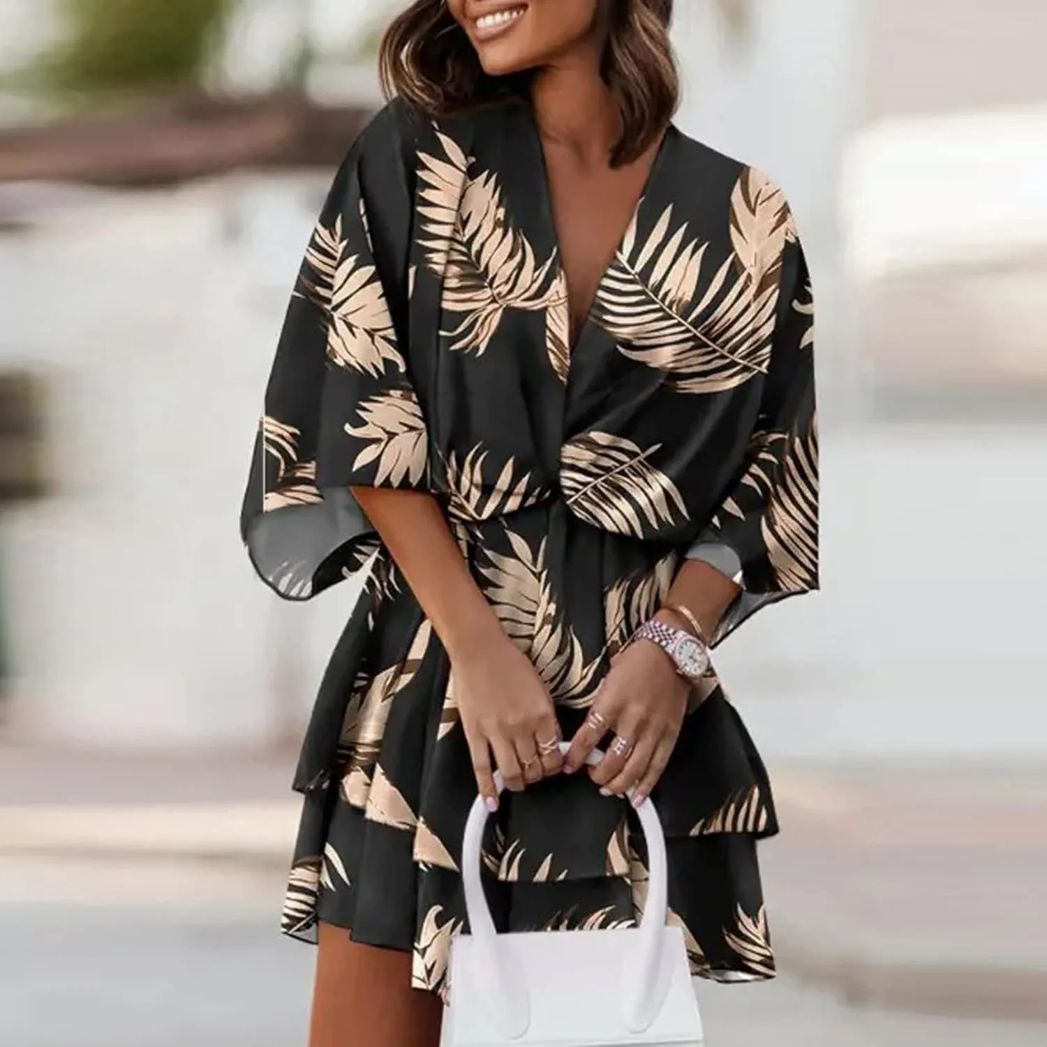 Beach Summer Dresses for Women 2025 Trendy Casual Sundress Ruffle Hawaiian Vacation Mini Dress V Neck Batwing Sleeve