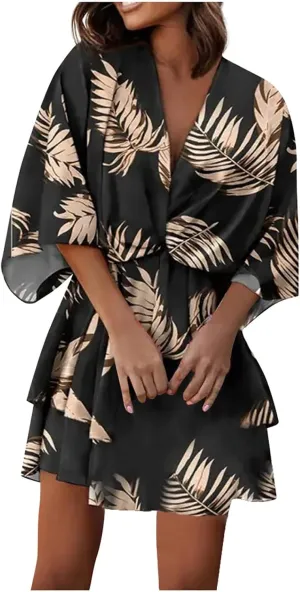 Beach Summer Dresses for Women 2025 Trendy Casual Sundress Ruffle Hawaiian Vacation Mini Dress V Neck Batwing Sleeve
