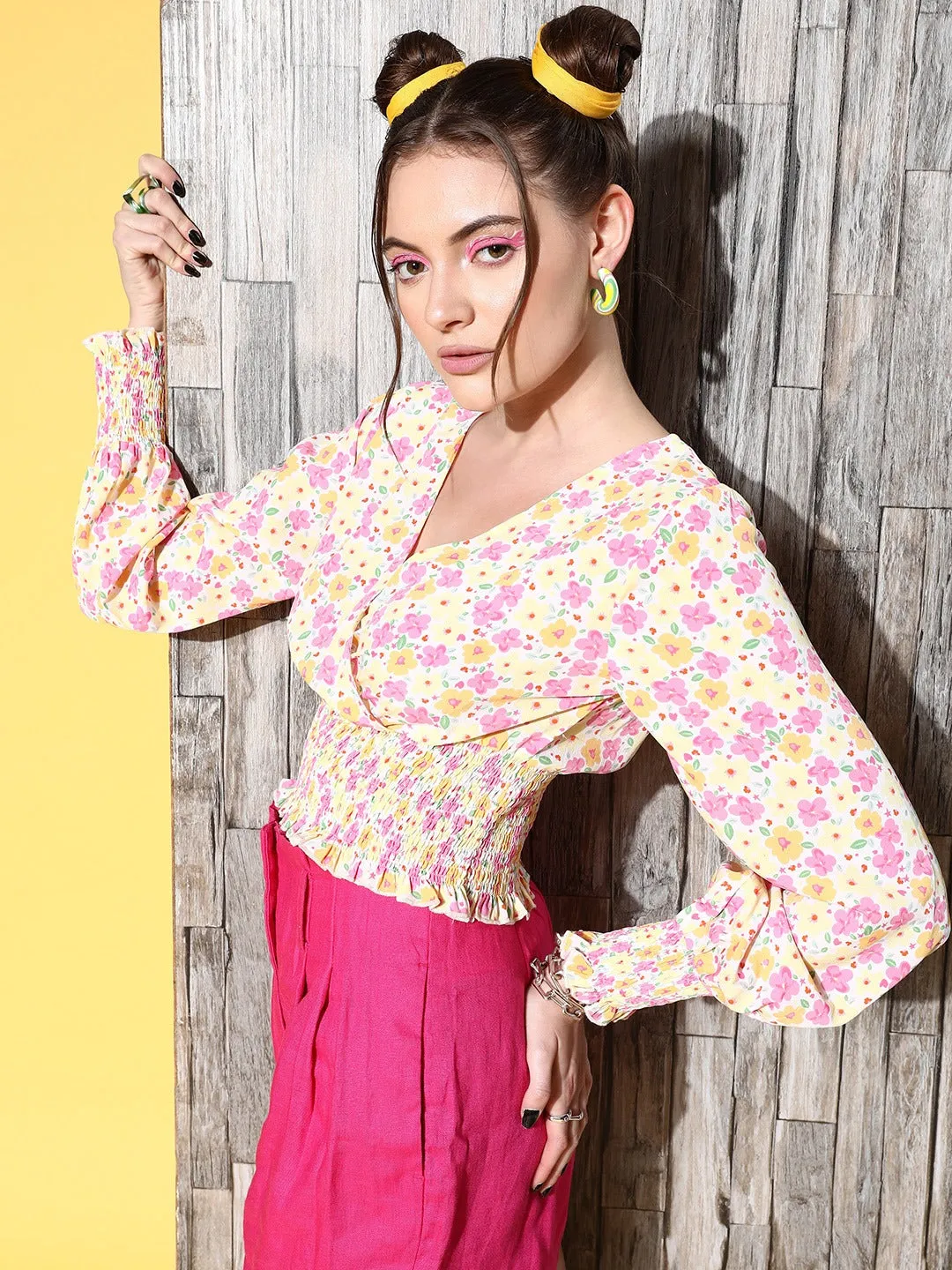 Berrylush Women White & Pink Floral Printed V-Neck Crepe Smocked Wrap Crop Top