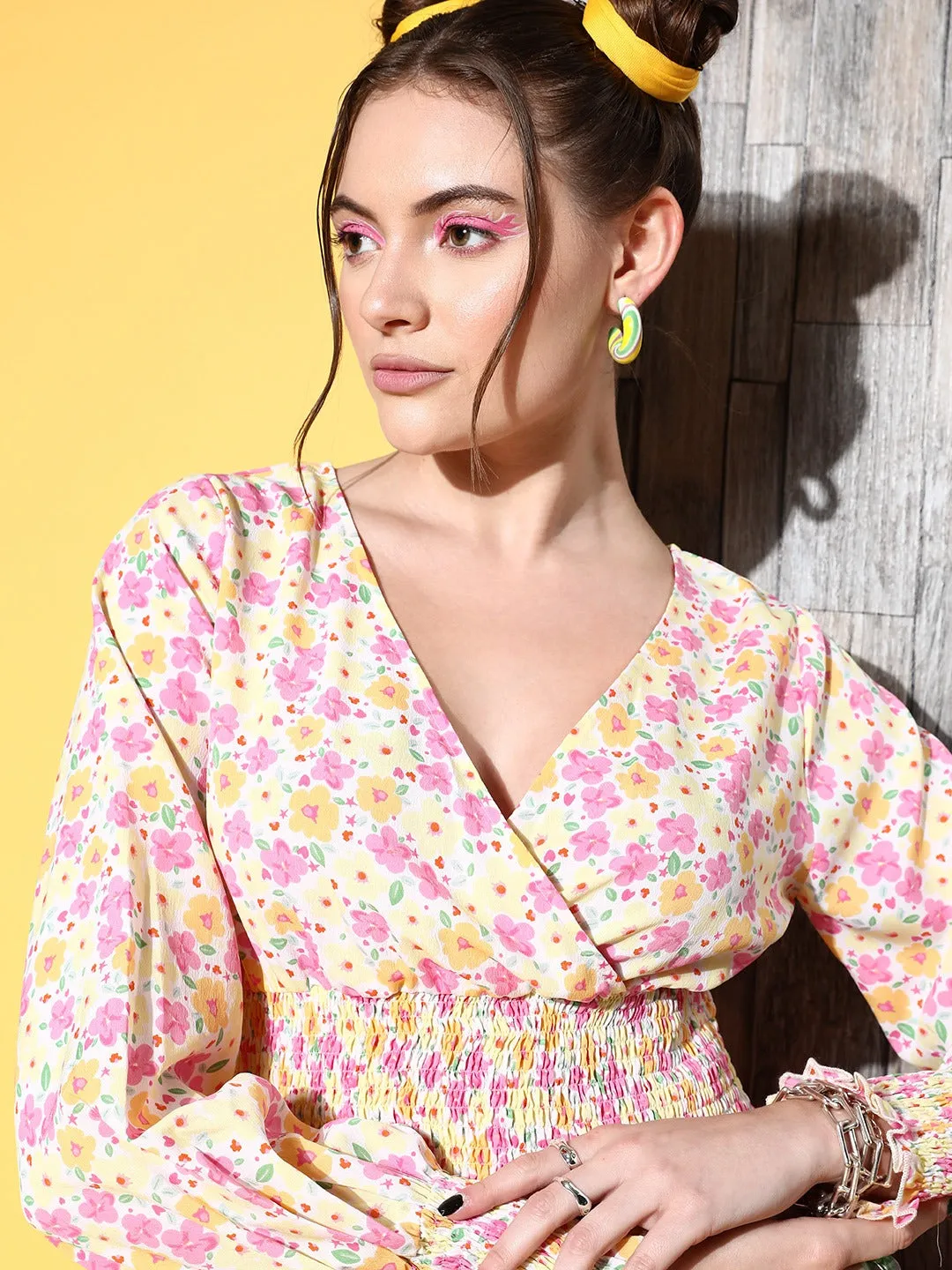 Berrylush Women White & Pink Floral Printed V-Neck Crepe Smocked Wrap Crop Top