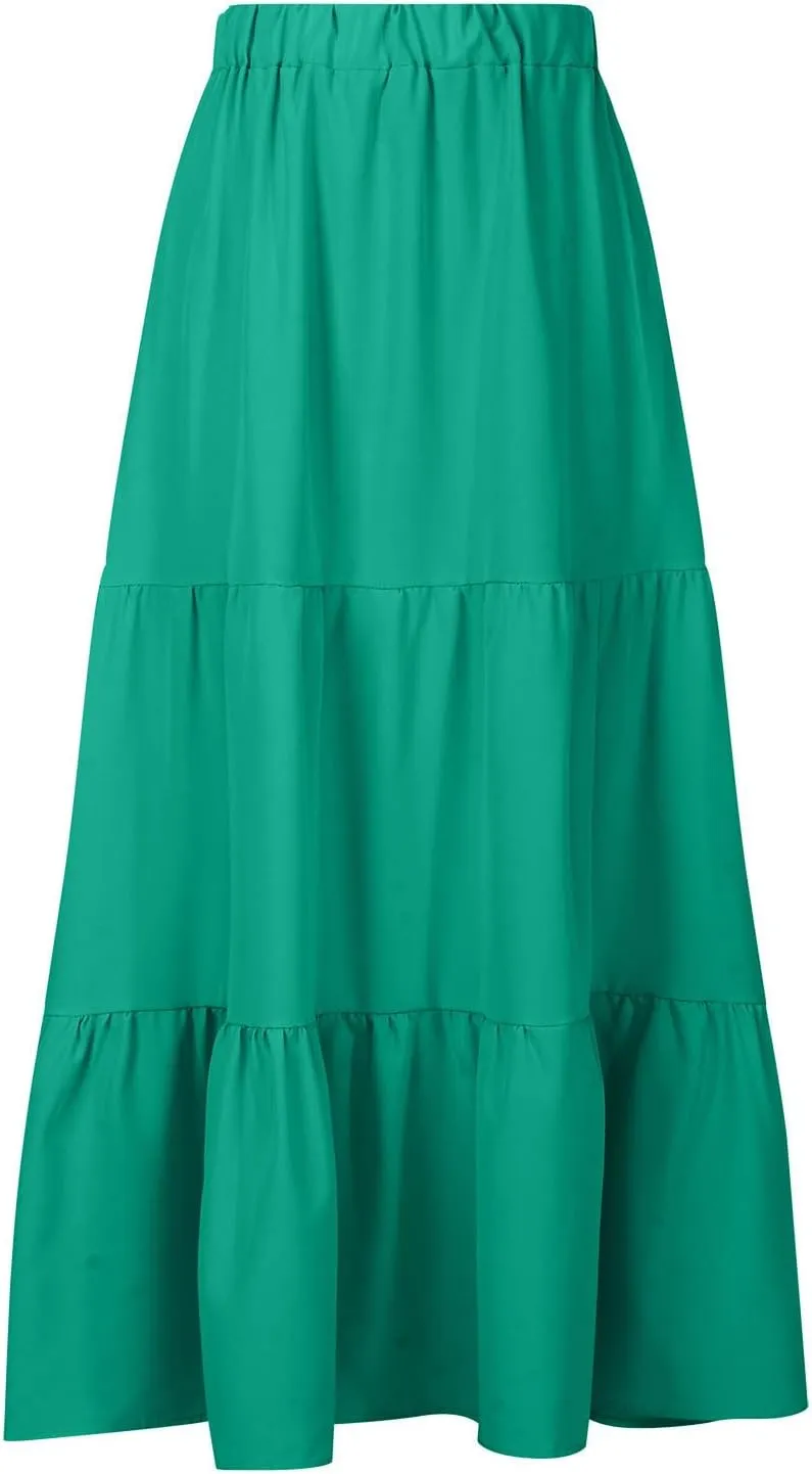 Binmer Women 2024 Bohemian Long Skirts Tiered Ruffle Hem Flowy High Waist A Line Maxi Skirts Summer Pleated Skirt with Pocket