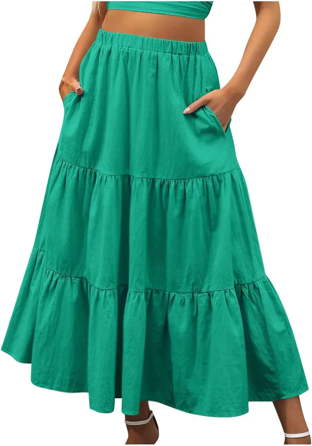 Binmer Women 2024 Bohemian Long Skirts Tiered Ruffle Hem Flowy High Waist A Line Maxi Skirts Summer Pleated Skirt with Pocket
