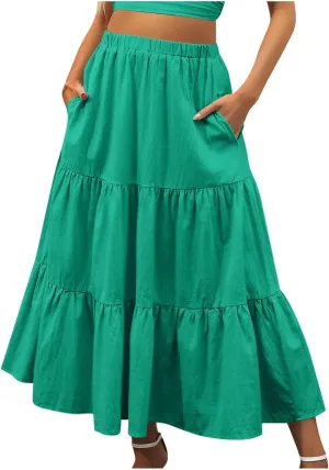 Binmer Women 2024 Bohemian Long Skirts Tiered Ruffle Hem Flowy High Waist A Line Maxi Skirts Summer Pleated Skirt with Pocket