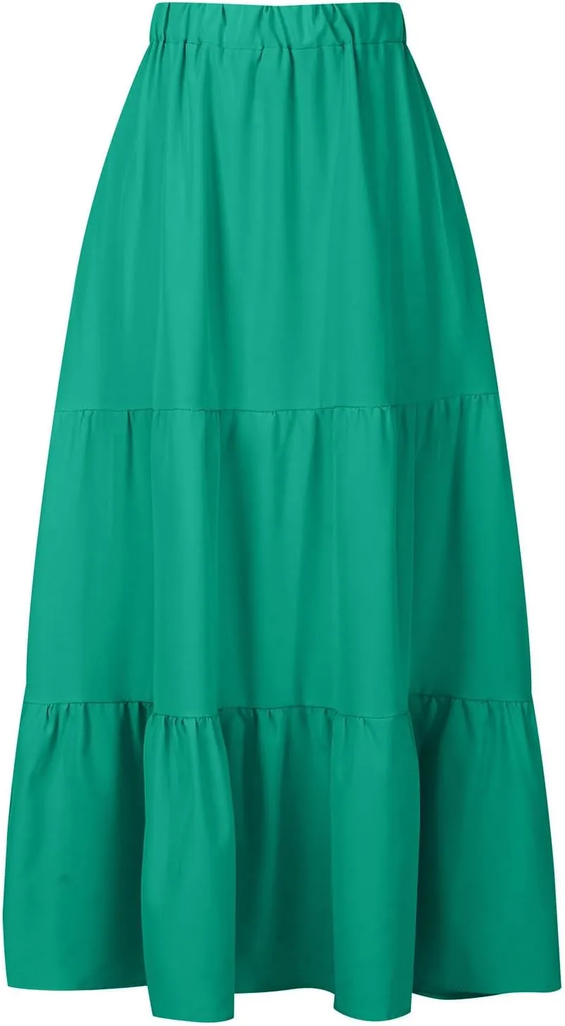 Binmer Women 2024 Bohemian Long Skirts Tiered Ruffle Hem Flowy High Waist A Line Maxi Skirts Summer Pleated Skirt with Pocket
