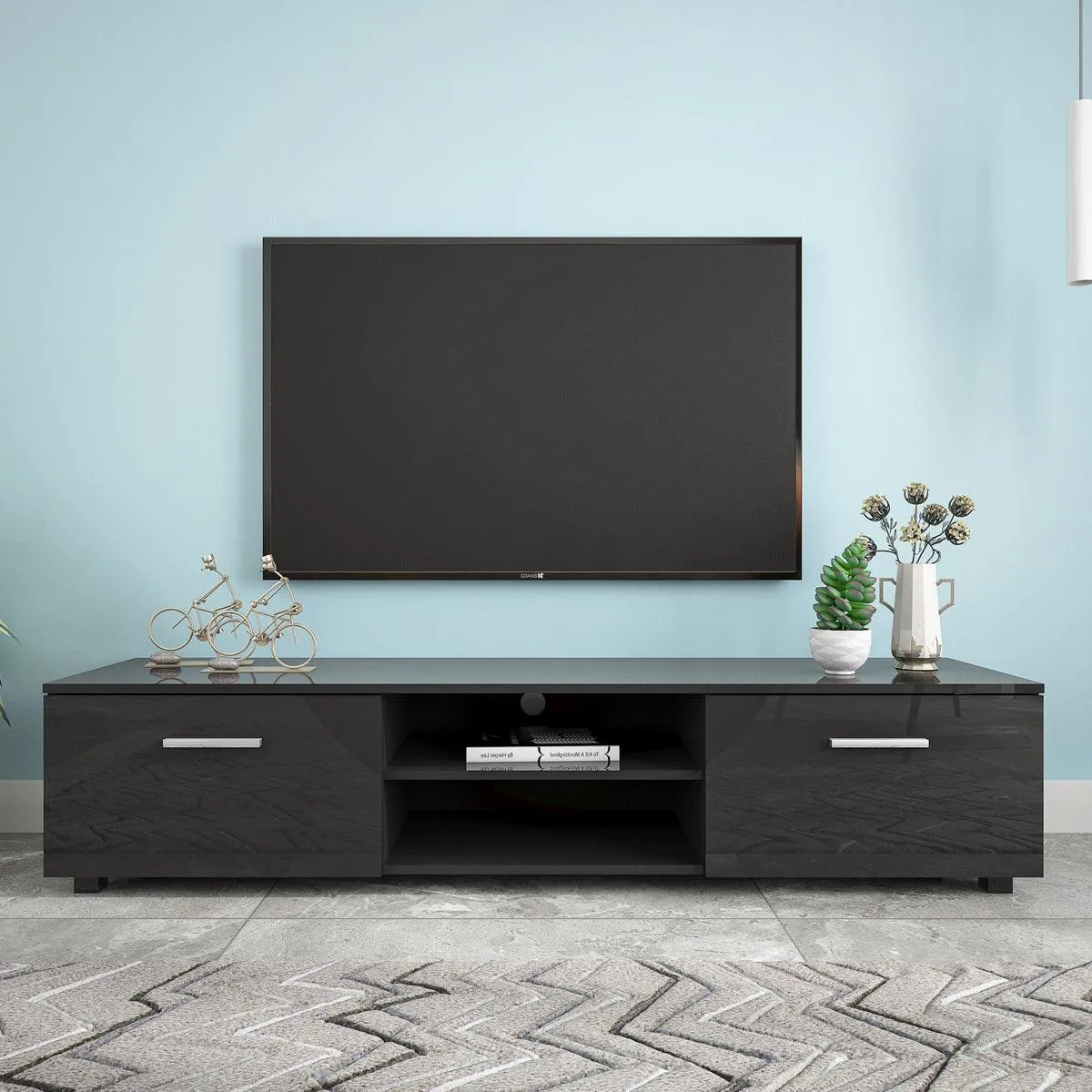 Black TV Stand for 70" TV, Media Console with 2 Cabinets & Open Shelves, Entertainment Center