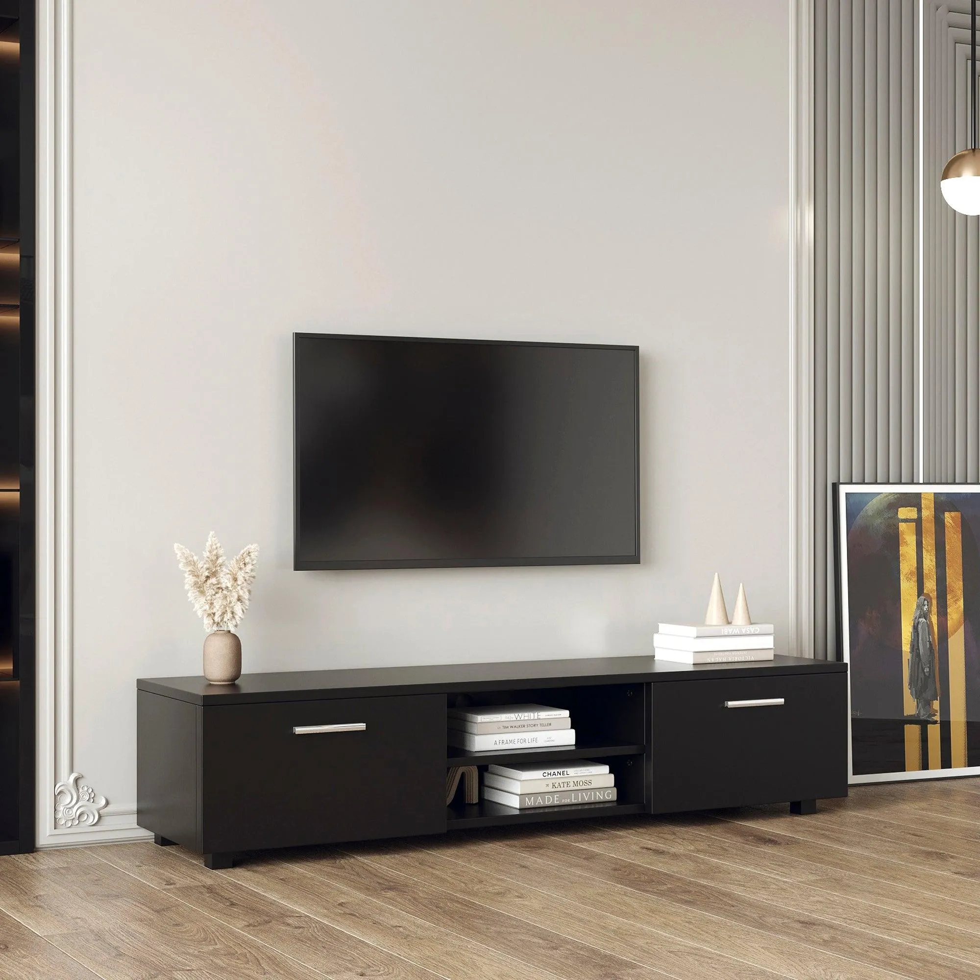 Black TV Stand for 70" TV, Media Console with 2 Cabinets & Open Shelves, Entertainment Center