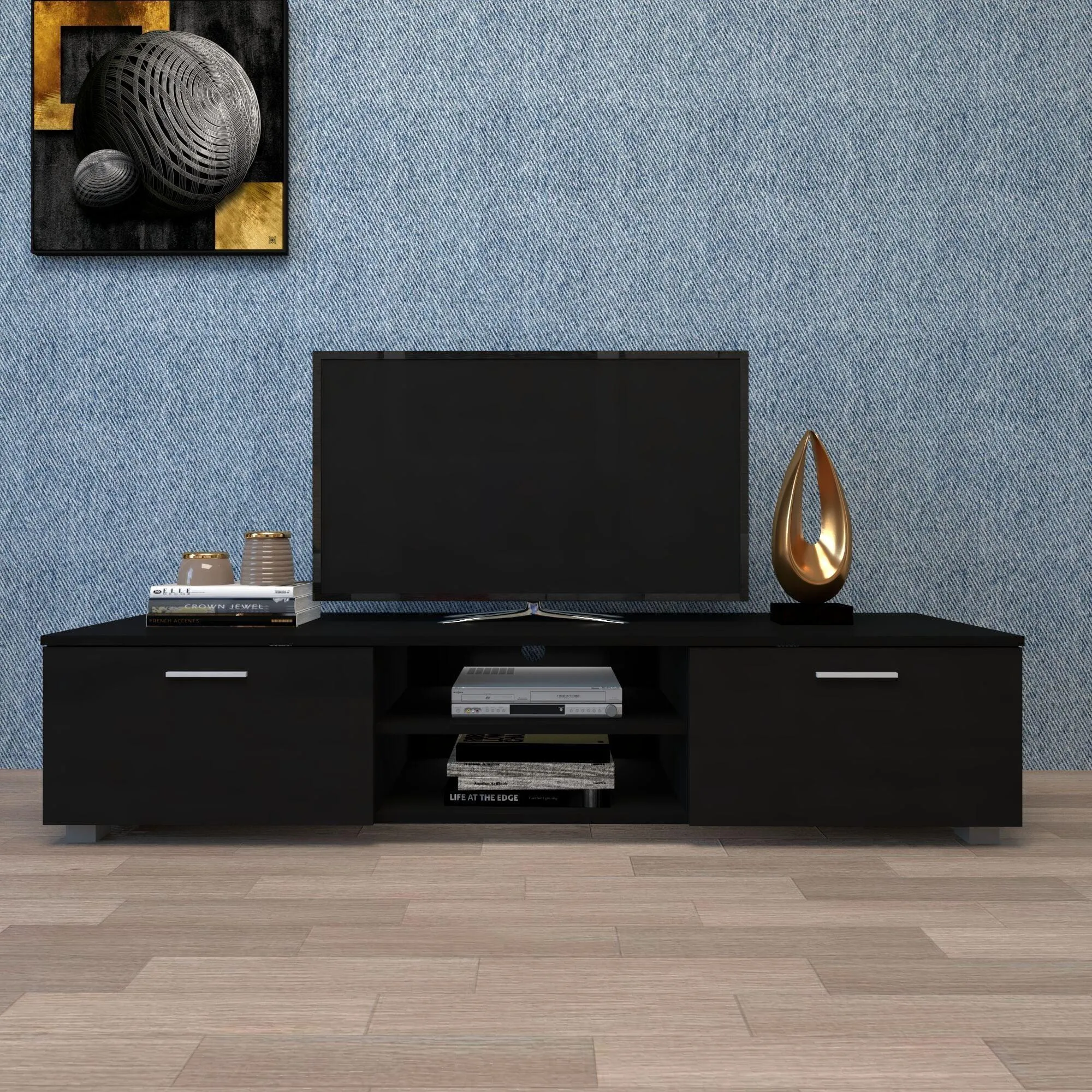 Black TV Stand for 70" TV, Media Console with 2 Cabinets & Open Shelves, Entertainment Center