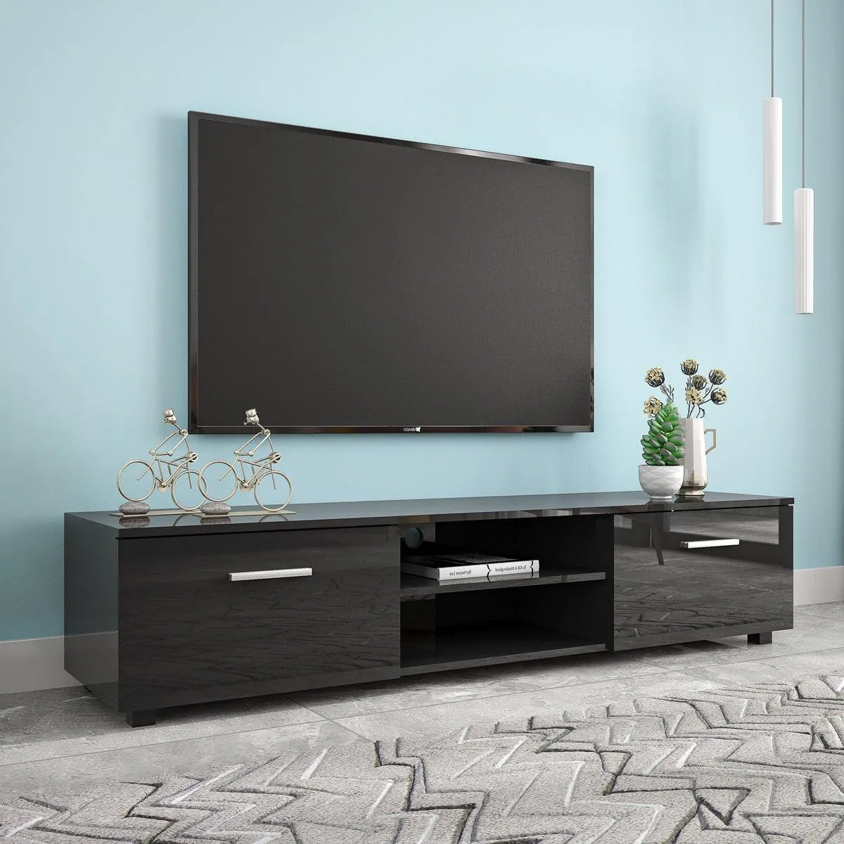 Black TV Stand for 70" TV, Media Console with 2 Cabinets & Open Shelves, Entertainment Center